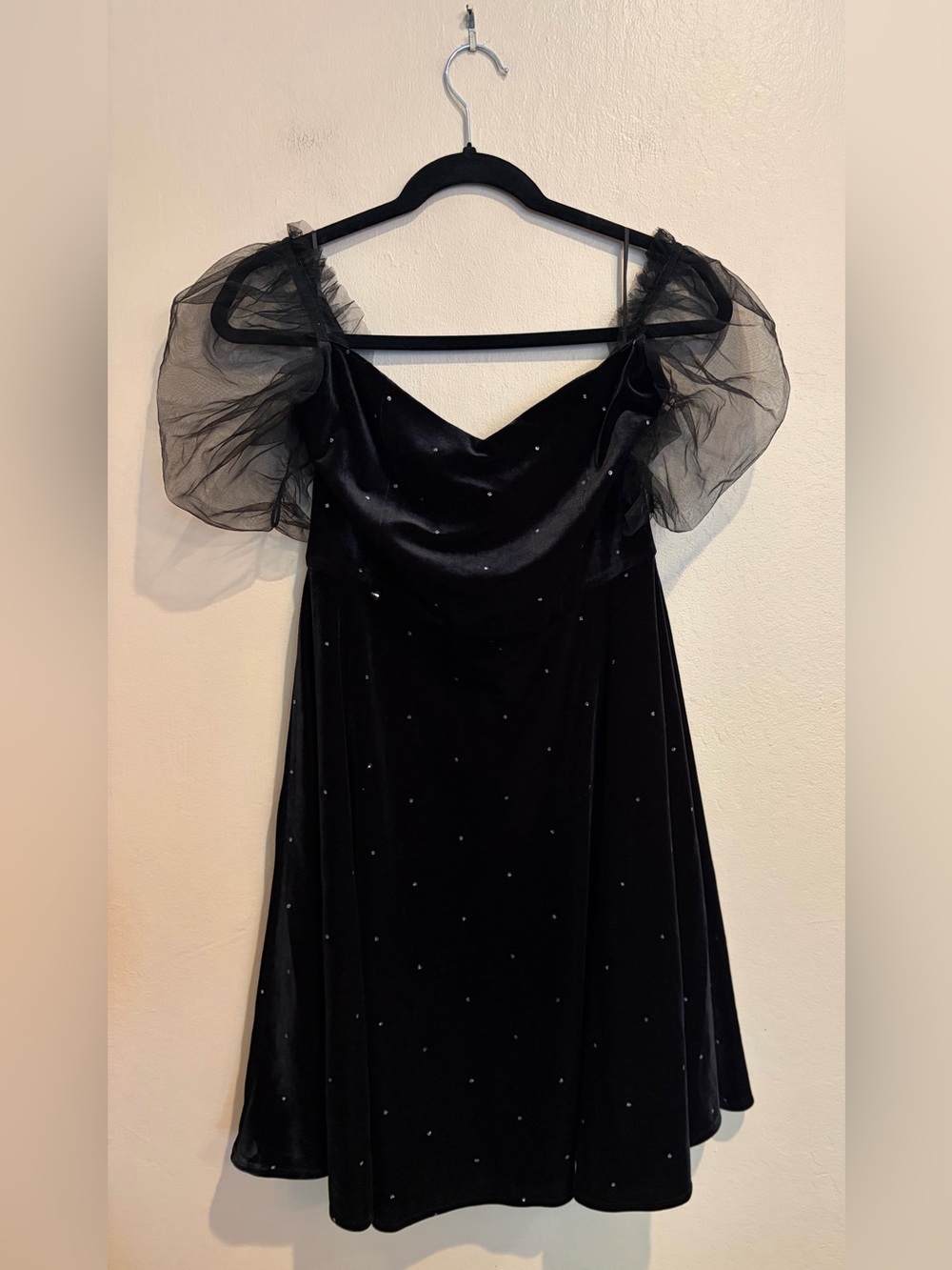 Black Crushed Velvet Midi Dress w/ Puff Sheer Sleeves & Subtle Silver Sparklies